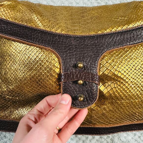 TYLIE MALIBU Gold Croc Brown Leather Suede Hobo Slouchy Oversized Clutch RARE - Picture 6 of 9